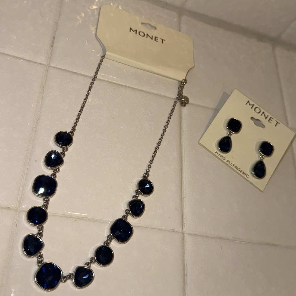 Monet Sapphire Blue and Silver Necklace Set